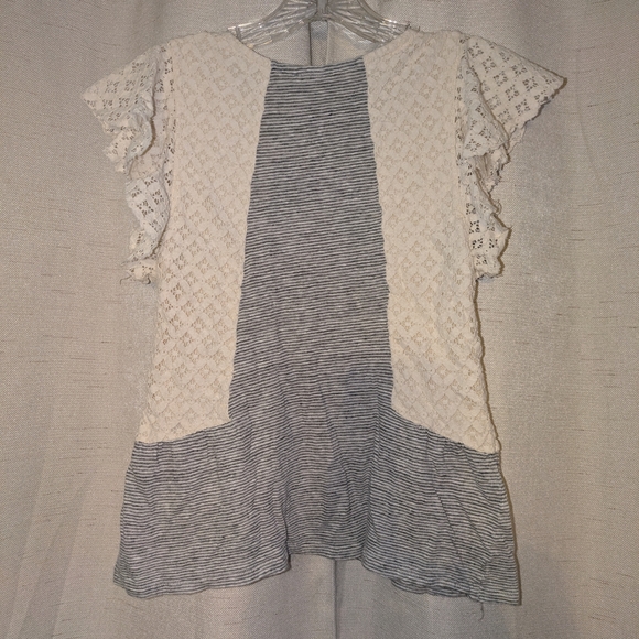 Bordeaux Tops - Bordeaux Cream Lace and Gray Striped Blouse